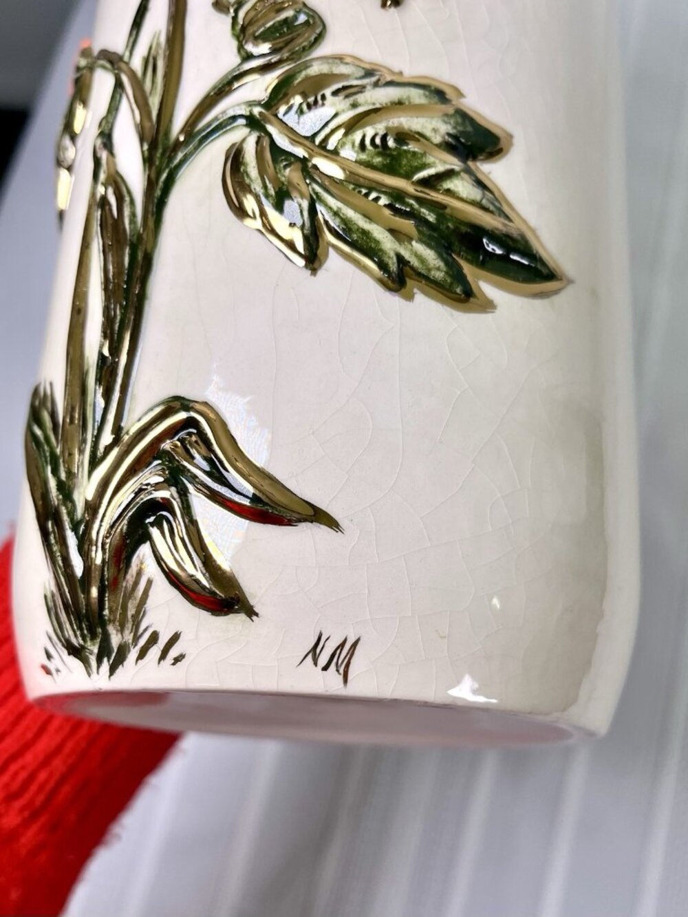 Vintage 50s Art Pottery Vase MCM Handpainted Flowers Ceramic Boho Mid Century - Picture 11 of 12